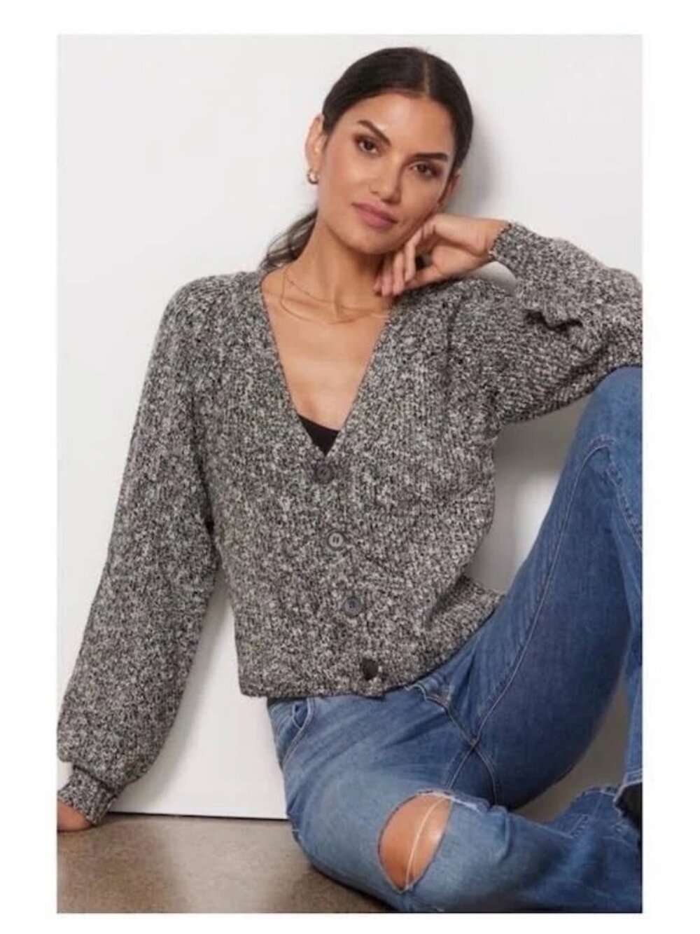 Evereve Sierra Marl Black White Knit Chunky Cotton Blend Button Front Cardigan M